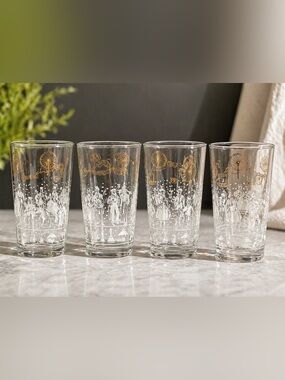 Vintage Victorian Scene Glasses Set of 4 | Gold & White Etched Tumblers